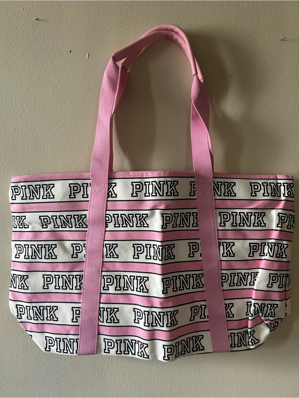 PINK Victoria's Secret Large Pink & White Striped Logo Canvas Tote